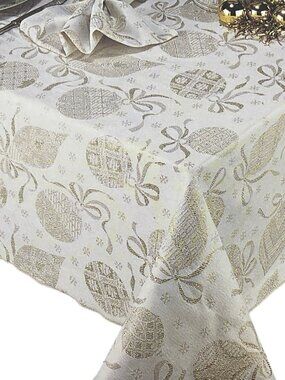 VTG Lintex España Collection Christmas Balls Gold Round Jacquard Tablecloth 70"